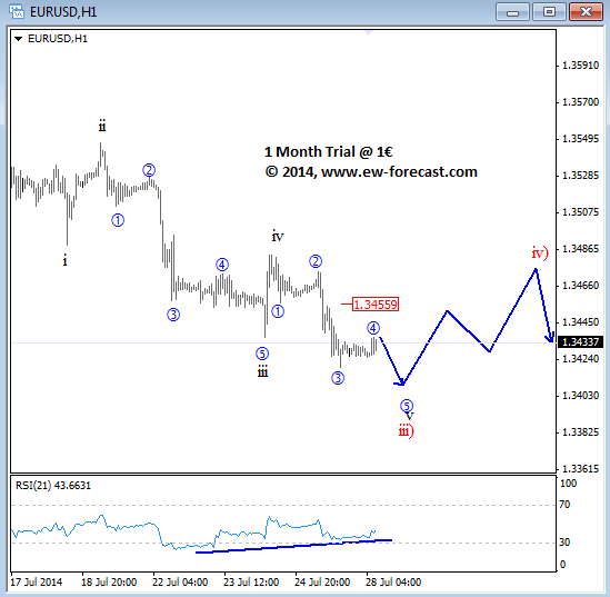 EURUSD Intraday Elliott Wave Analysis July 2014 technical chart for currency trading