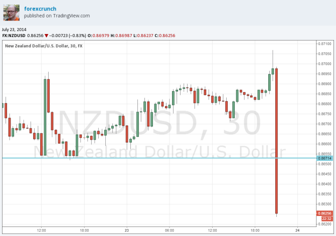NZDUSD crashes July 24 2014 technical chart after the RBNZ
