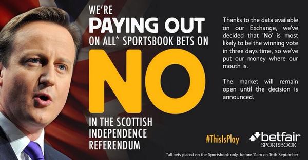 Betfair pays out Sportsbook No Scotland referendum GBP rise more priced in