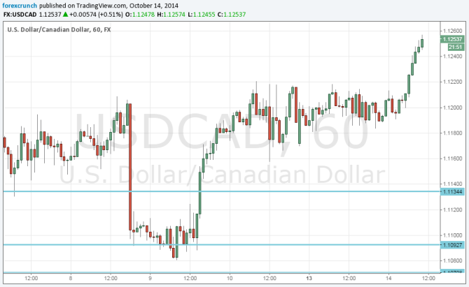 Canadian dollar down October 14 2014 on global gloom fall in oil prices USDCAD chart