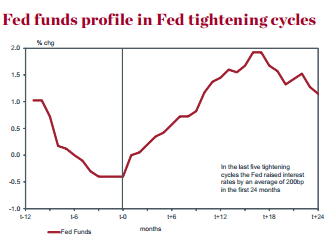 Fed funds profile in Fed tightening cycles