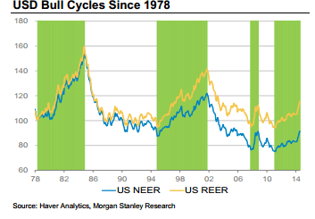 USD bull cycles since 1978 NEER REER looking at 2015 technical chart Morgan Stanley