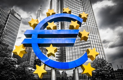 Euro sign with dark dramatic clouds symbolizing financial crisis visual