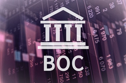 Building icon with inscription BOC. Financial data on computer screen. Multiple exposure Bank of Canada BOC CAD Canadian dollar visual