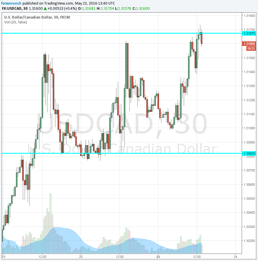 USDCAD rising May 23 2016 low oil strong Fed