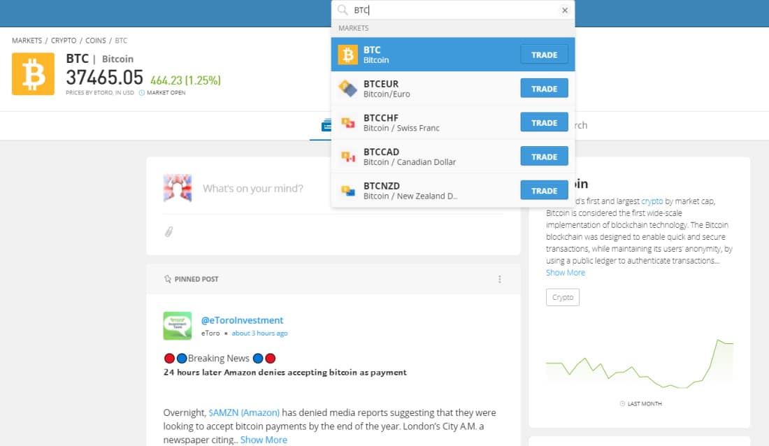 eToro search for BTC