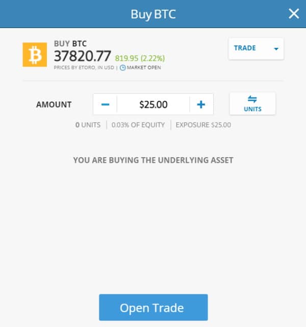 eToro open trade BTC