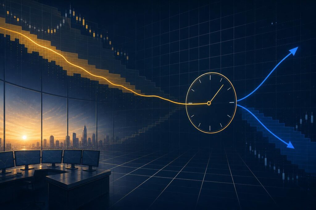 Abstract financial-terminal illustration of a yield line curving toward a decision clock over candlestick fragments