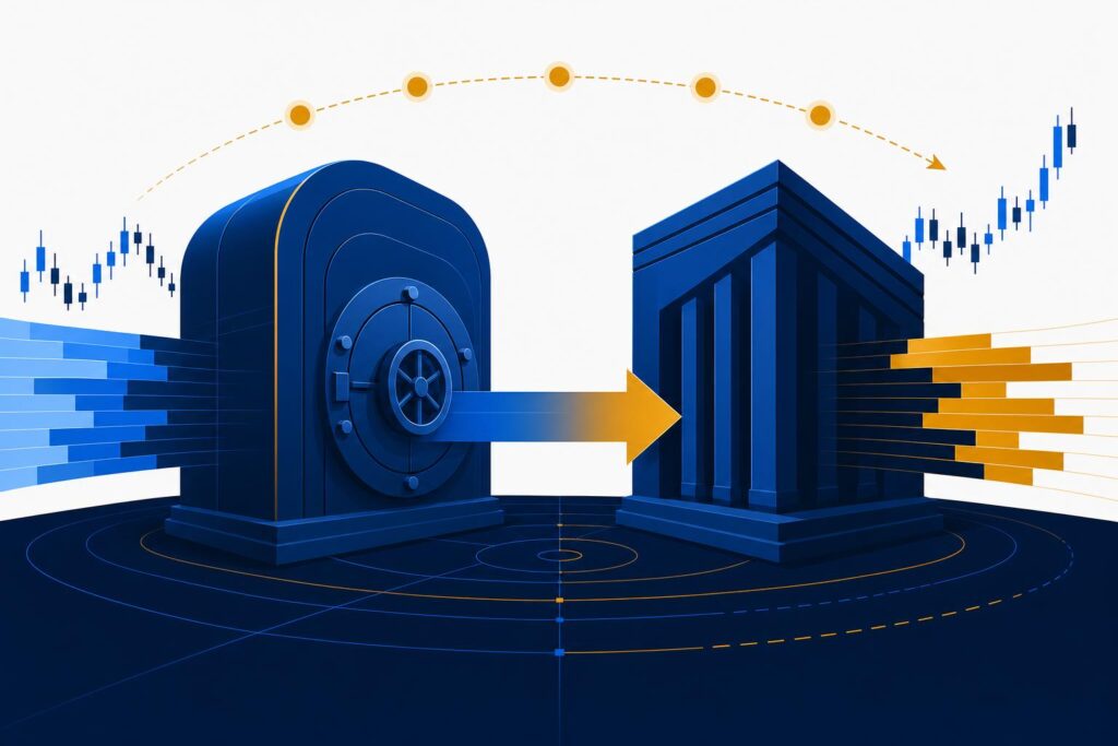 Abstract illustration of an equity stake and five-year partnership linking a stablecoin issuer and a crypto exchange, in the site's financial-terminal style