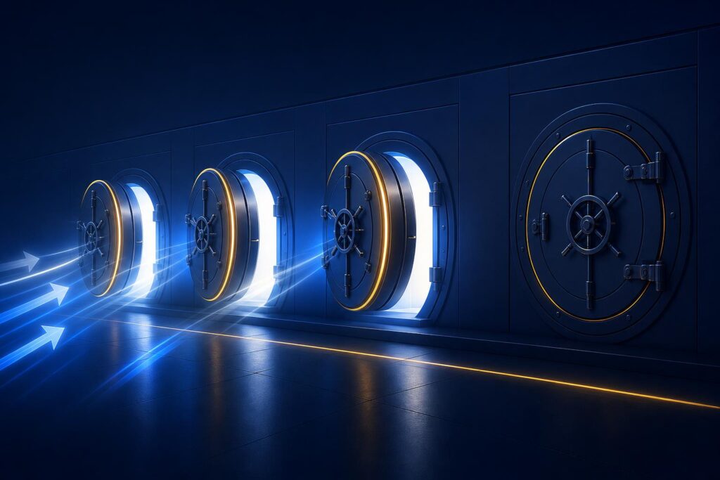 Illustration of a sequence of vault doors opening in stages, with one still closed, in a navy and blue terminal palette