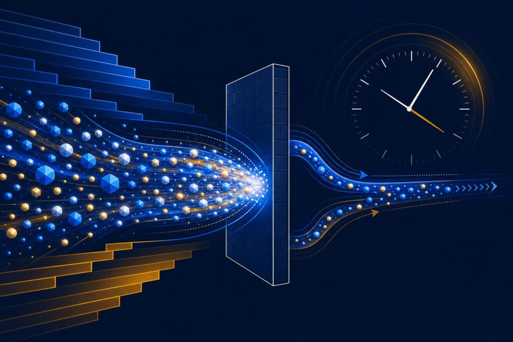 Stylised illustration of a cross-border payment flow meeting a barrier gate, in a navy and blue financial-terminal style