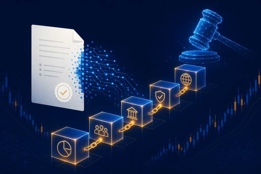 Stylised illustration of blockchain ledger blocks and a regulatory gavel in navy blue with amber highlights