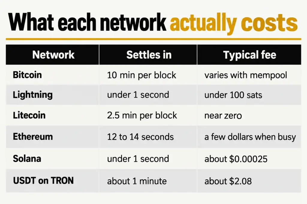 Table comparing settlement time and typical fee for Bitcoin, Lightning, Litecoin, Ethereum, Solana and USDT on TRON