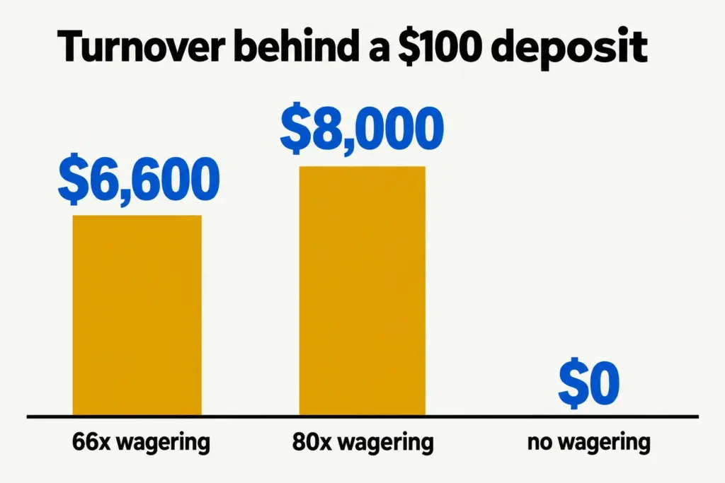 Bar chart showing $6,600 of turnover at 66x wagering, $8,000 at 80x and $0 with no wagering, all on a $100 deposit