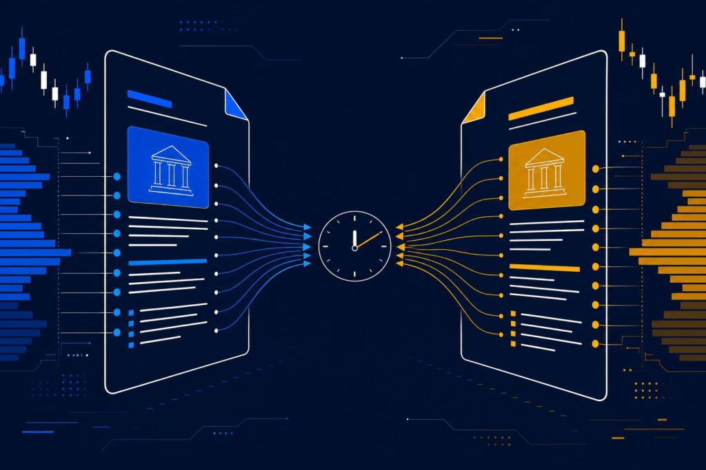 Stylised illustration of two regulatory frameworks converging over a financial terminal background