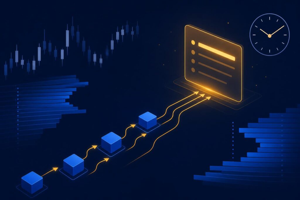Abstract navy financial illustration with candlestick fragments, block links and amber flow arrows suggesting tokenised settlement