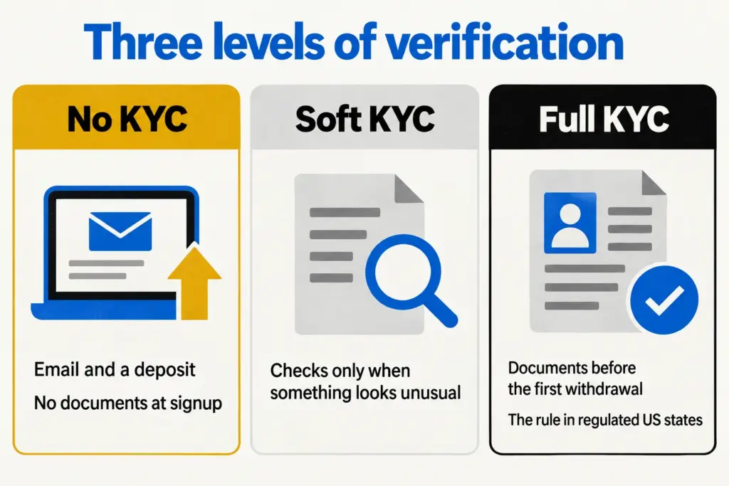 Three panels comparing no KYC, soft KYC and full KYC verification levels