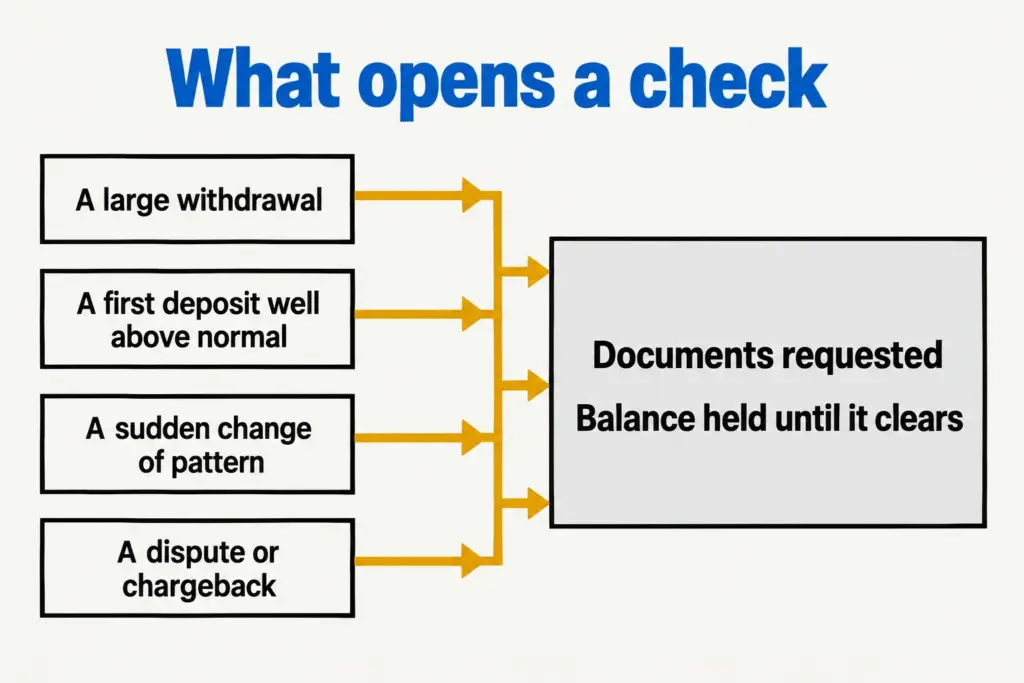 Flow diagram showing a large withdrawal, an unusually large first deposit, a sudden change of pattern or a dispute leading to a document request and a held balance