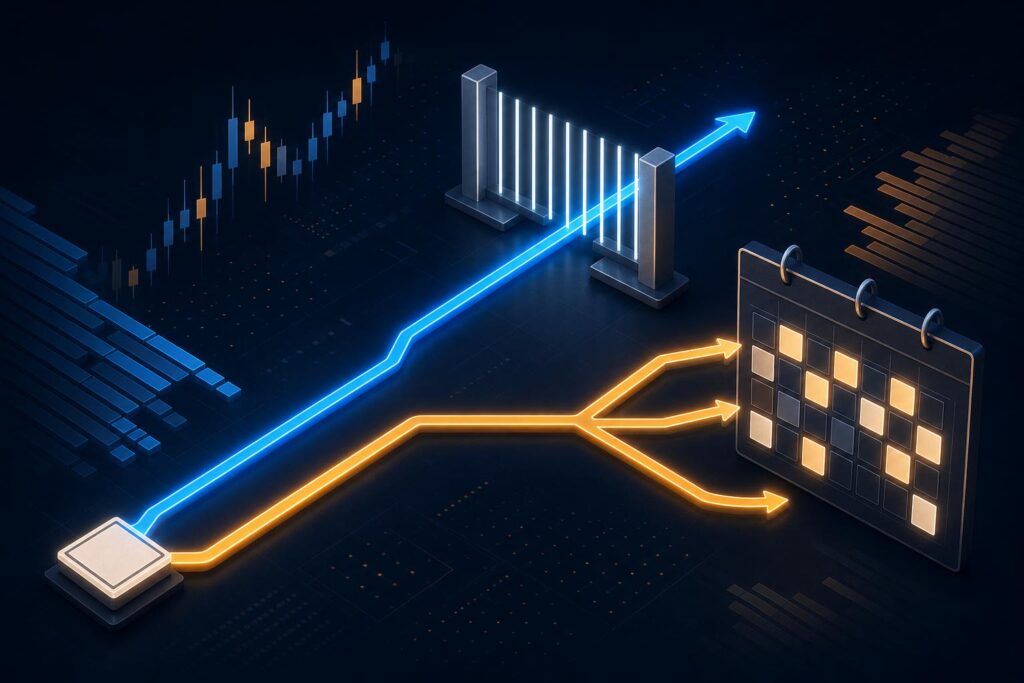 Stylised illustration of two regulatory pathways crossing a border gate, in navy, blue and amber terminal style