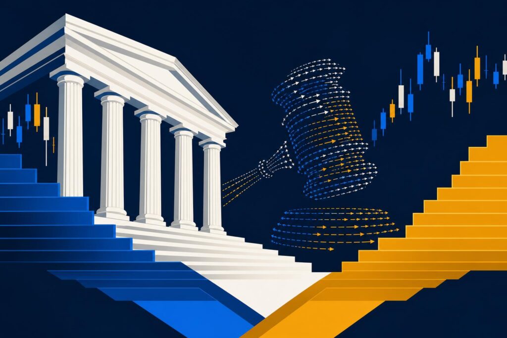 Illustration of a courthouse colonnade overlaid with trading-terminal graphics, representing a lawsuit against a banking regulator