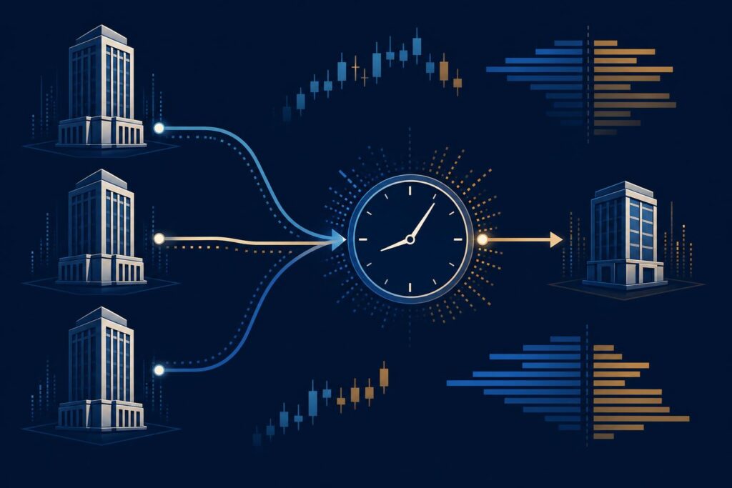 Illustration of cross-border payment flows between institutional buildings on a financial-terminal background