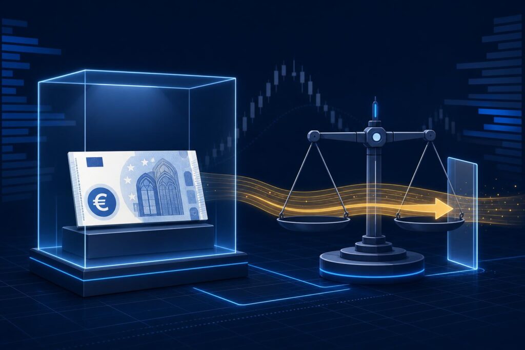 Illustration of a euro banknote under glass beside a balance scale and flow arrow, symbolising a new tax checkpoint for stablecoin conversions
