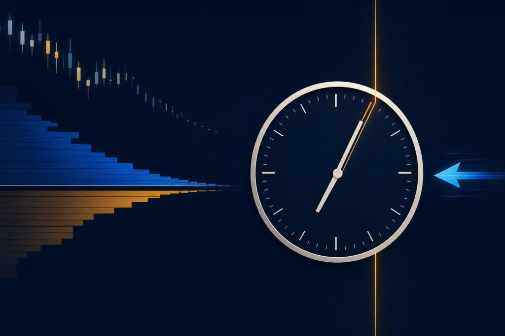 Stylised clock and fading market bands illustrating regulatory timing risk