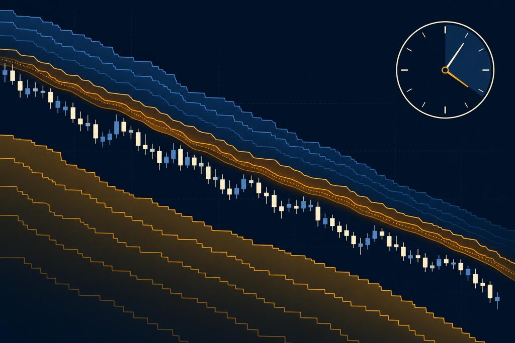 Terminal-style illustration of a declining rate curve in blue and amber on dark navy