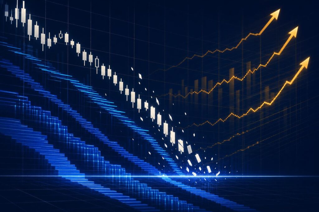 Abstract financial-terminal illustration of falling candlestick shapes toward a glowing support band on a navy background