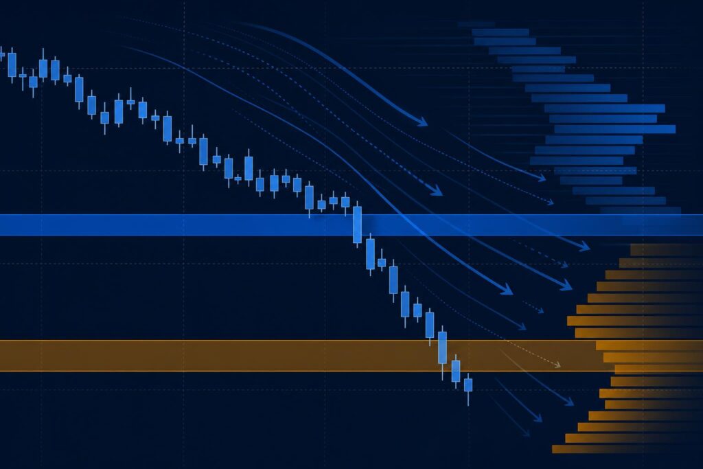 Illustration of candlesticks breaking through a support level under bond-market pressure