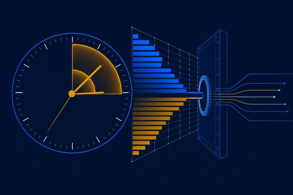 Stylised clock face with three glowing segments beside narrowing depth bands and exit-channel arrows, in navy with blue and amber accents