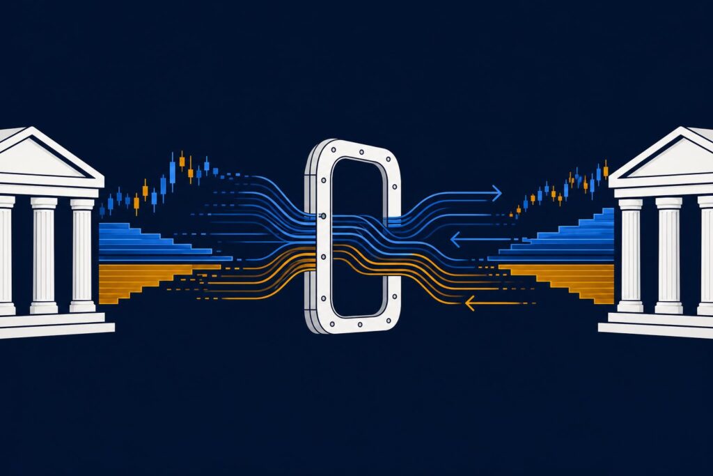 Stylised illustration of payment flows moving between two banking systems