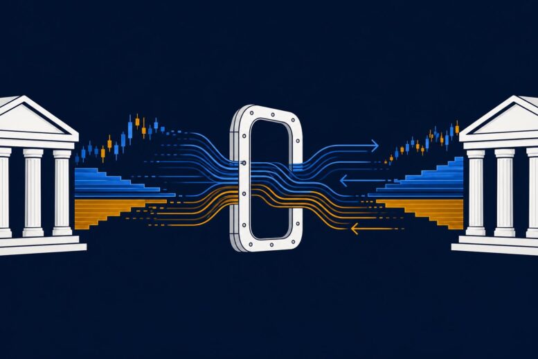 Stylised illustration of payment flows moving between two banking systems