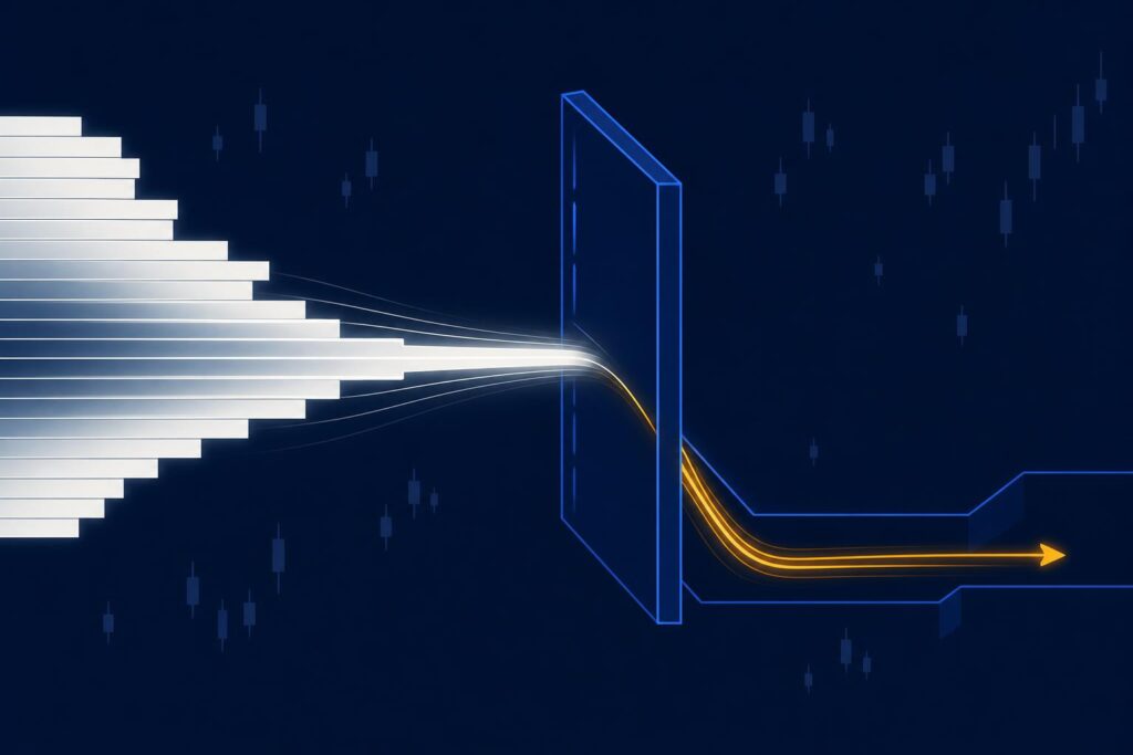 Illustration of a flow of orders meeting a barrier wall, with one arrow deflected into a side channel, in navy, blue and amber