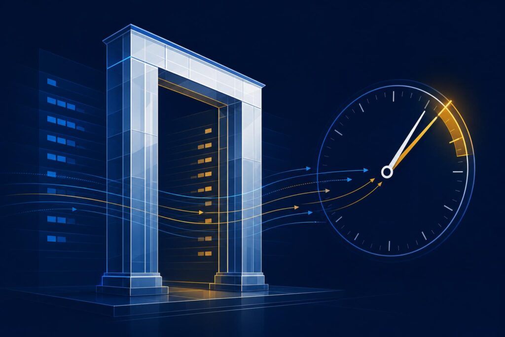 Stylised gateway arch with order-book depth bands and a clock face approaching a deadline marker, in navy, blue and amber