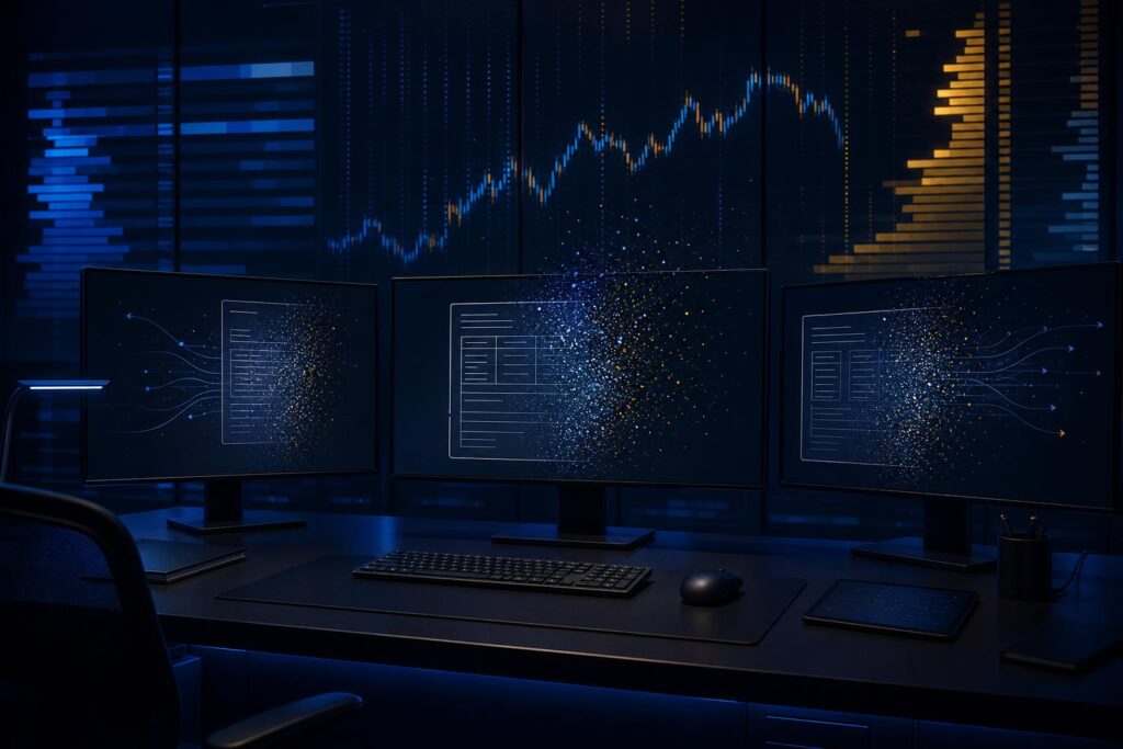 Illustration of a compliance monitoring terminal with faded transaction report outlines dissolving away