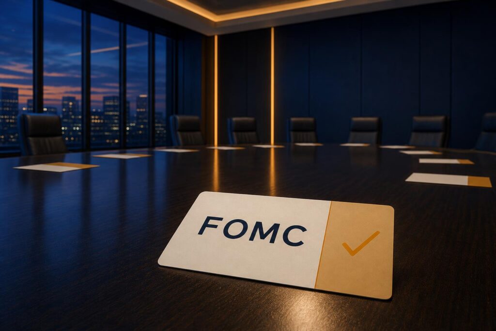 A voting card marked FOMC with an amber dissent tick on a boardroom table in navy and blue tones