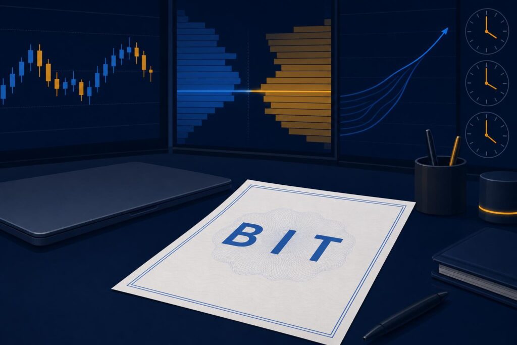 Illustration of a Bitcoin ETF redemption notice on an institutional trading desk, navy and blue financial-terminal style