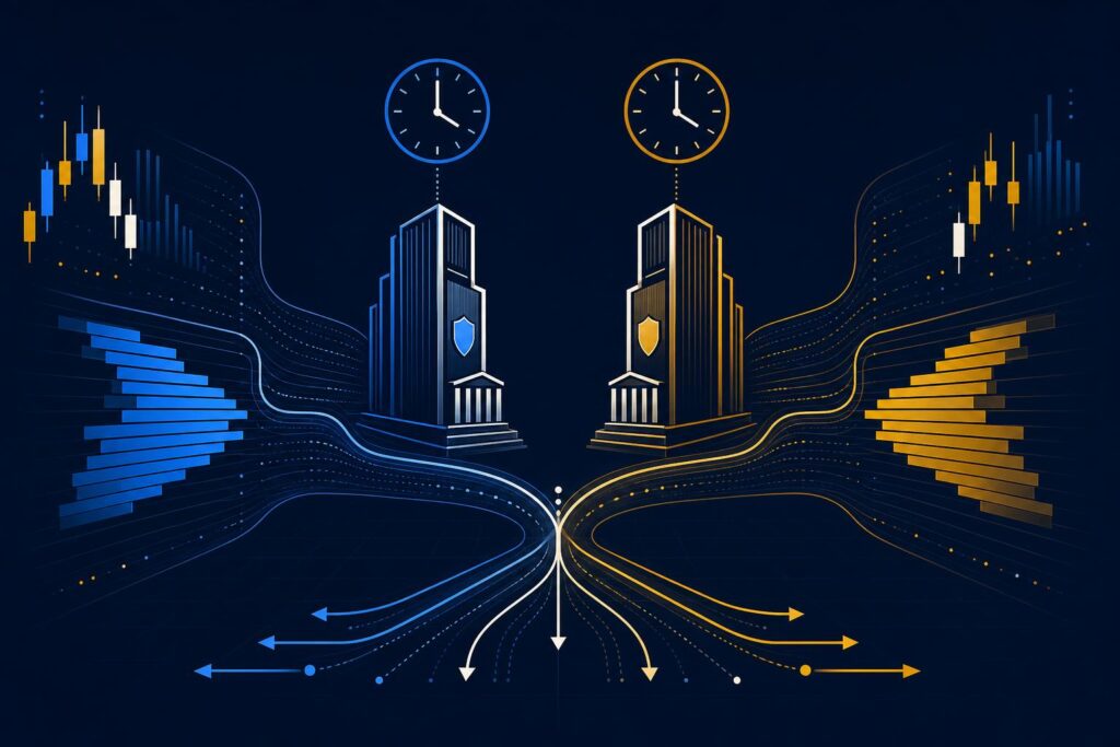 Illustration of two parallel regulatory frameworks channelling crypto market flows