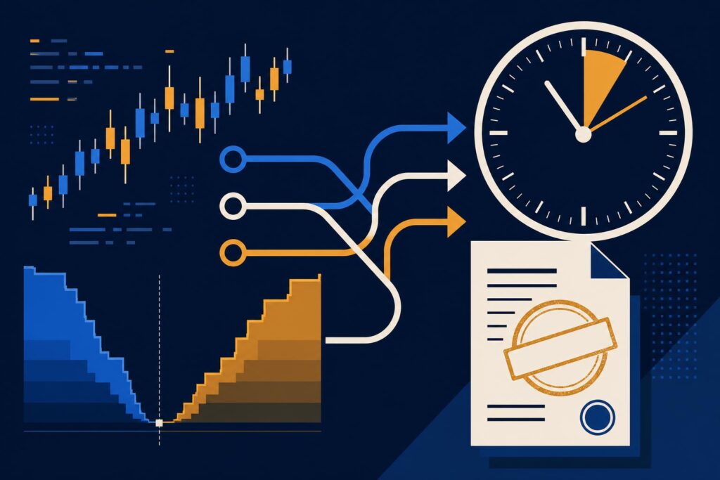 Stylised illustration of a regulatory deadline with flow arrows and a clock face on a navy financial-terminal background