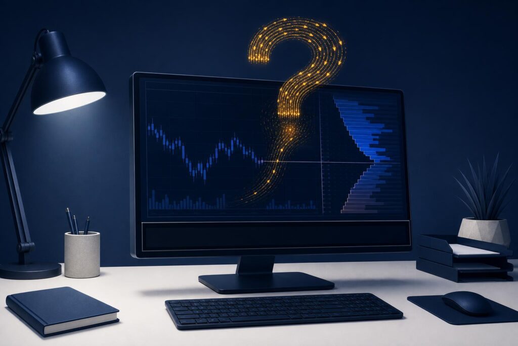 Illustration of a trading terminal with sceptical, muted market data imagery