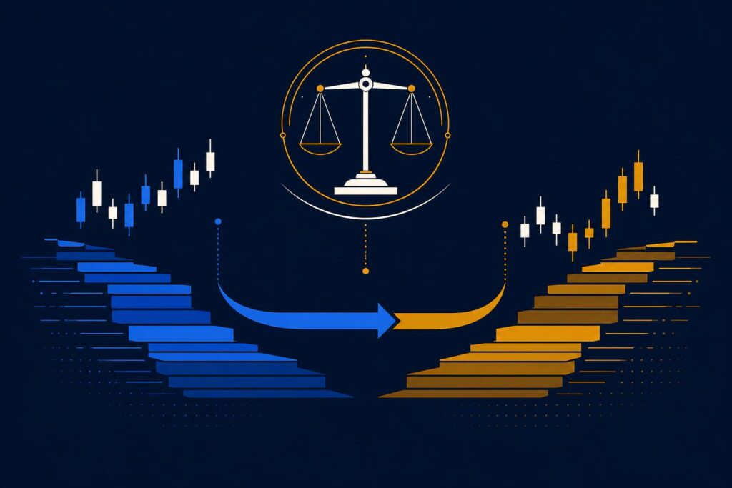 Stylised illustration of a regulatory oversight handover over abstract market depth bands, in navy, blue and amber