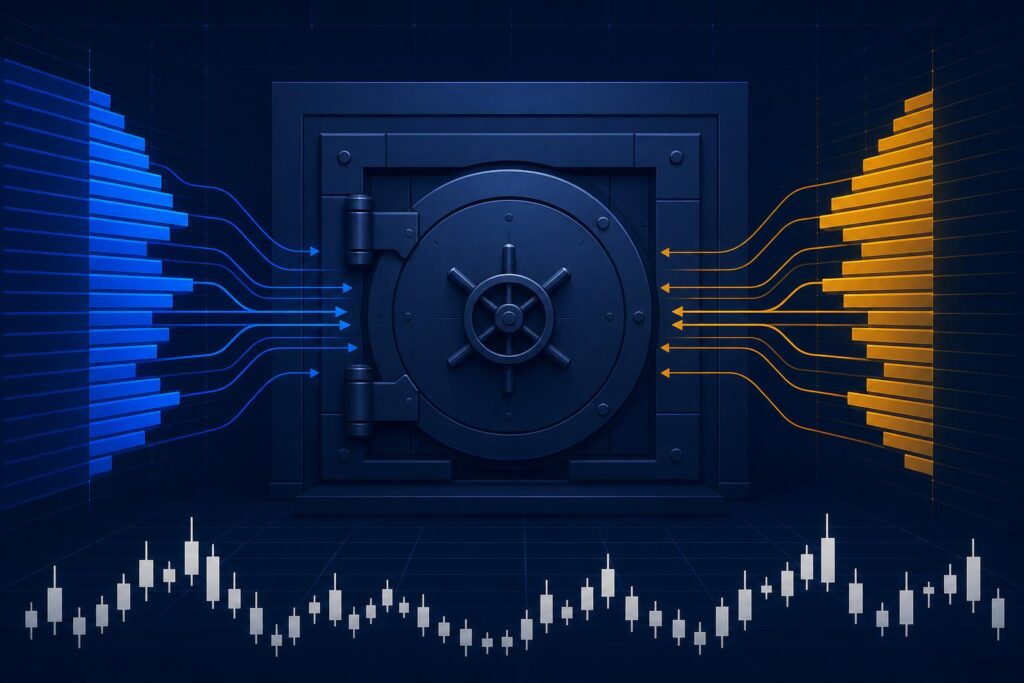 Stylised navy illustration of a vault door with blue and amber market-data arrows flowing toward it, symbolising regulated digital asset custody