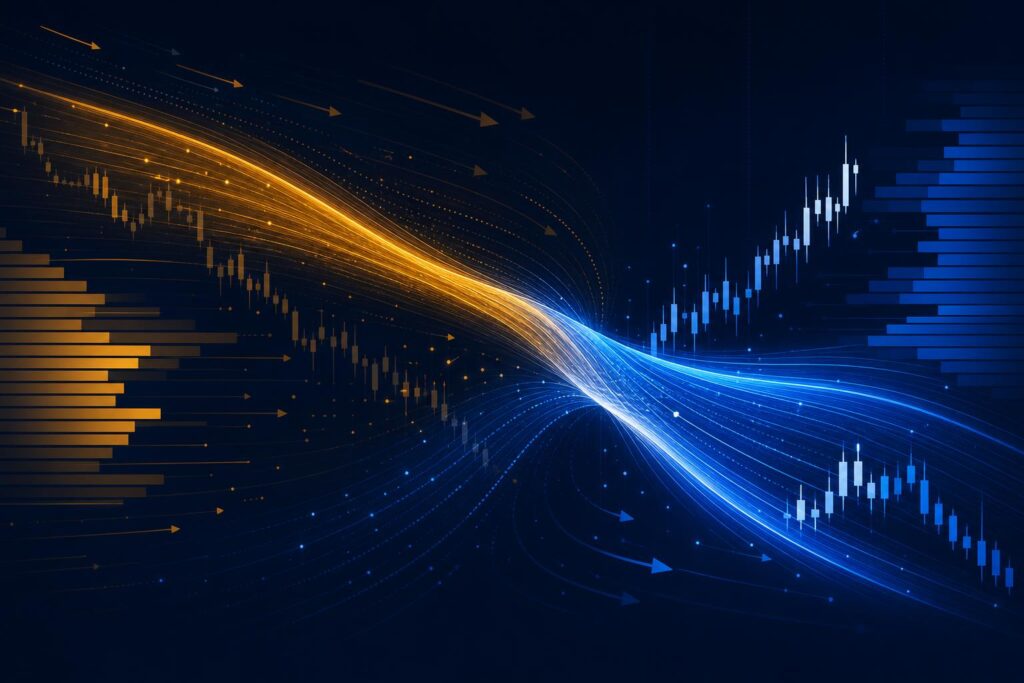 Illustration of two liquidity bands crossing in a financial terminal, one receding and one brightening