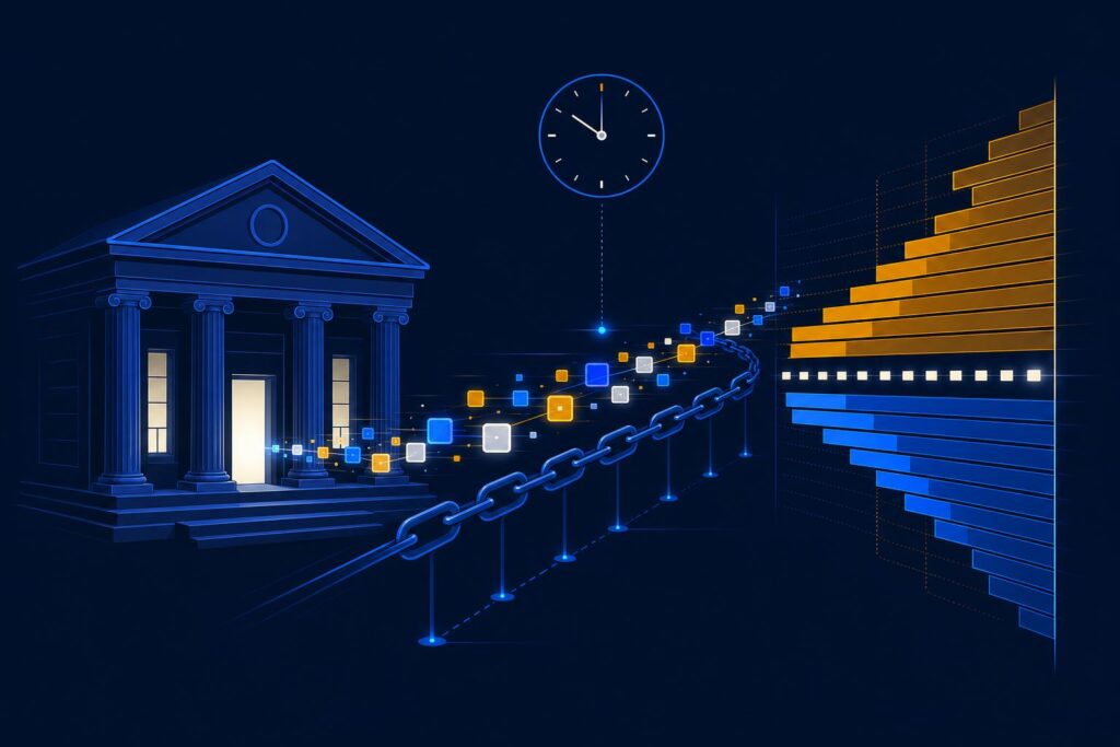Stylised bank facade and glowing token blocks flowing along a chain-link rail toward an order-book depth band